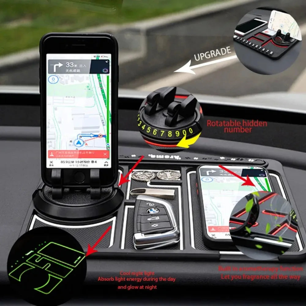 Multi-Function Car Silicone Parking Number Card, Anti-Slip Phone Pad & Dashboard Mat with Navigation Holder Support
